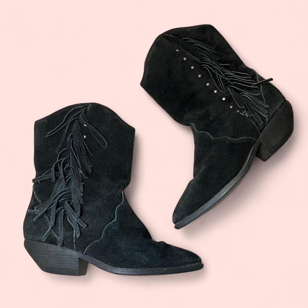 Black suede fringe ankle boots